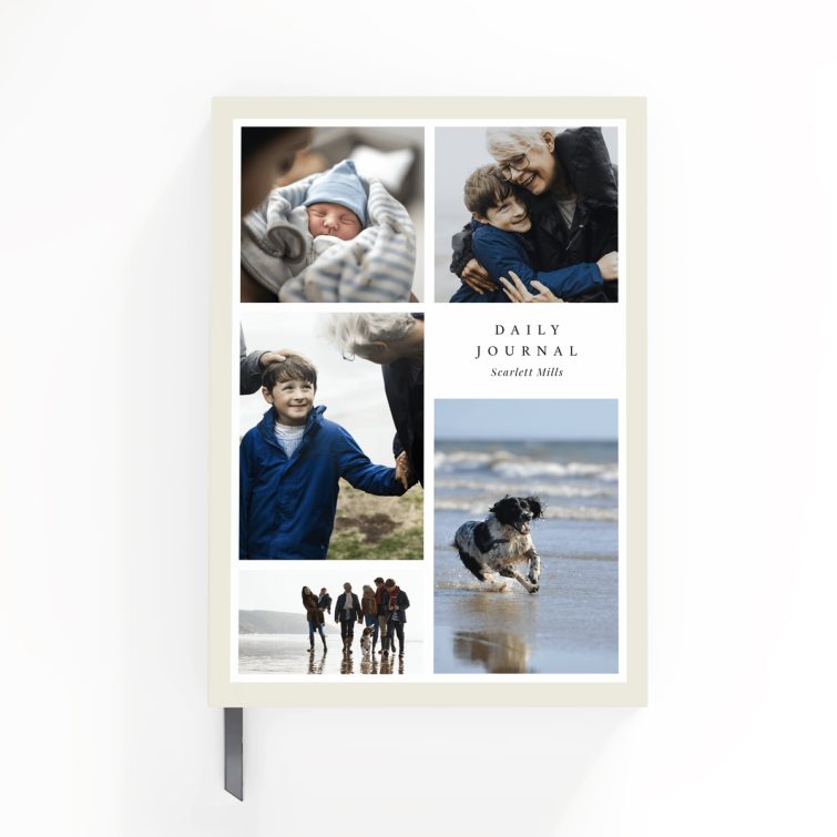 Portrait orientation daily journal notebook design with five photos on the cover, available for personalisation from Utterly Printable.