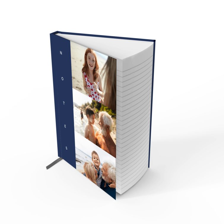 Custom notebooks design with three photos on the cover, featuring blue and beach theme elements.