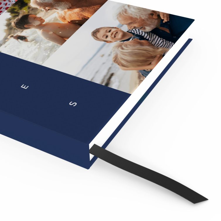 Custom notebooks design with three photos on the cover, featuring blue and beach theme elements.