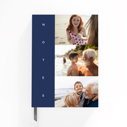 Custom notebooks design with three photos on the cover, featuring blue and beach theme elements.