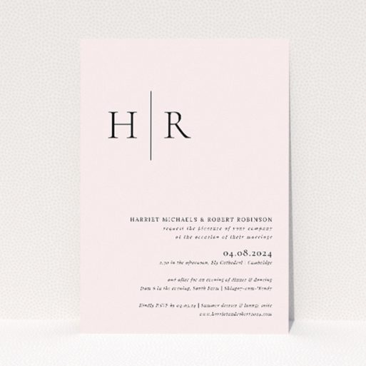 "Belgravia Monogram wedding invitation featuring timeless elegance with bespoke couple's initials monogrammed on a pale background, symbolizing union and blending tradition with modern minimalism for a distinguished celebration of love.". This is a view of the front