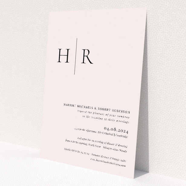 'Belgravia Monogram wedding invitation featuring timeless elegance with bespoke couple's initials monogrammed on a pale background, symbolizing union and blending tradition with modern minimalism for a distinguished celebration of love.'. This is a view of the front
