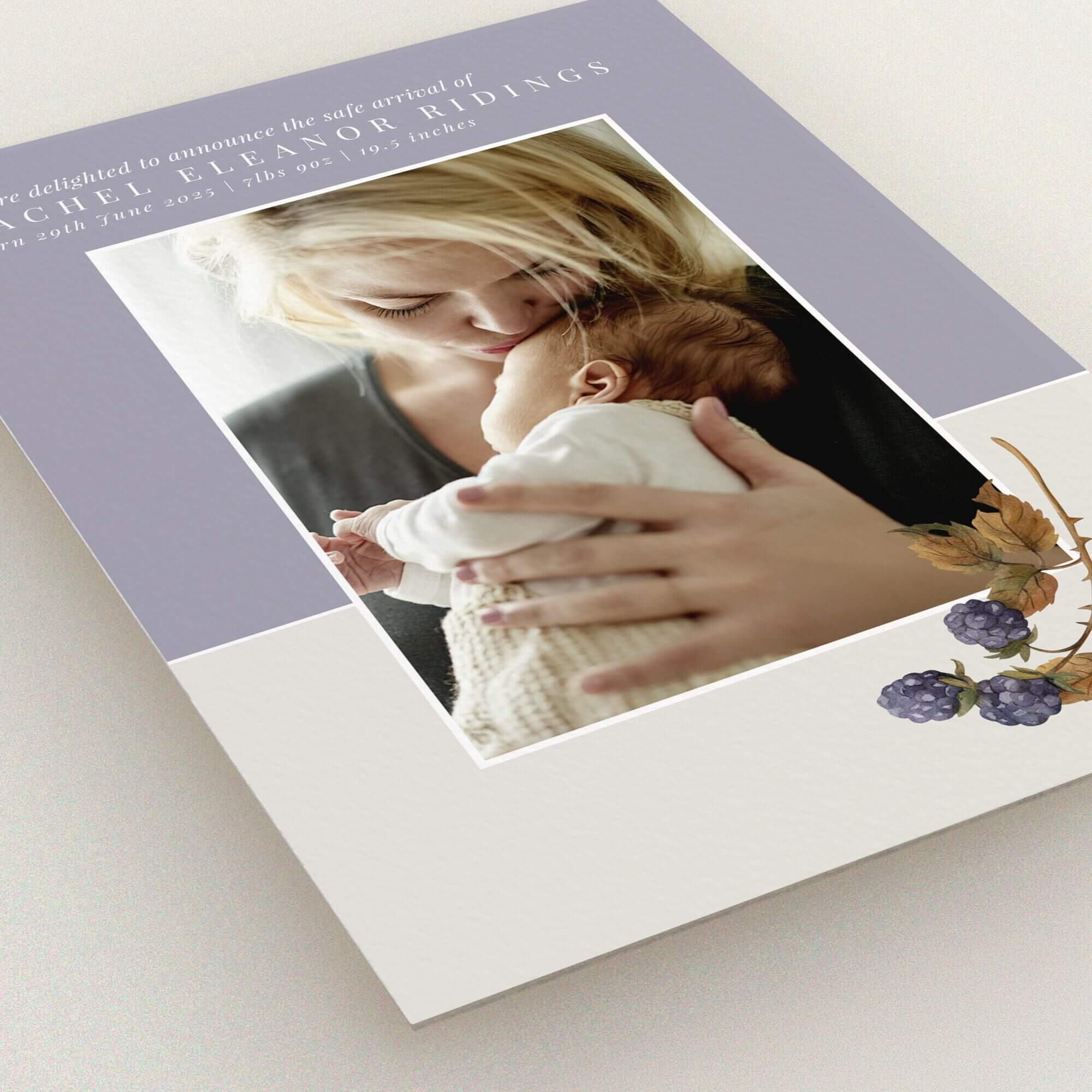 Elegant birth announcement card design featuring one photo and floral illustration.
