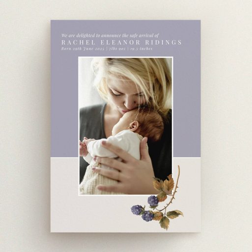 Elegant birth announcement card design featuring one photo and floral illustration.