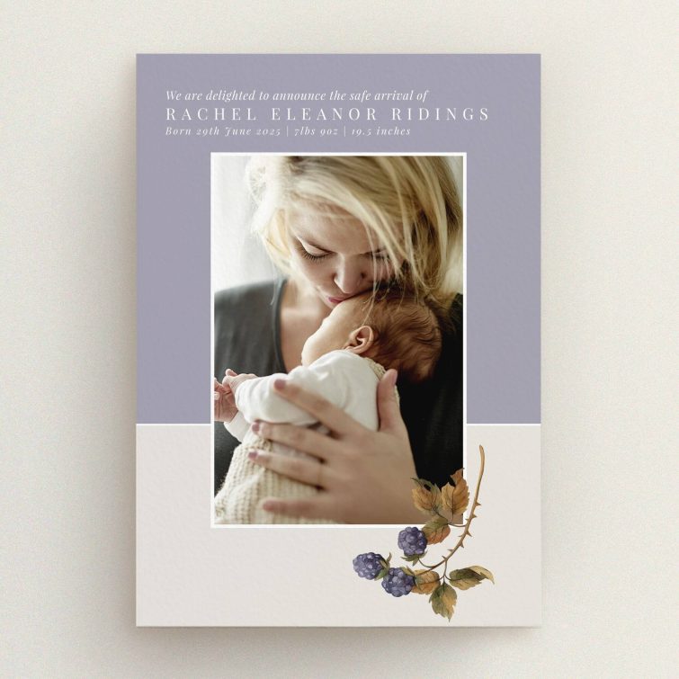 Elegant birth announcement card design featuring one photo and floral illustration.