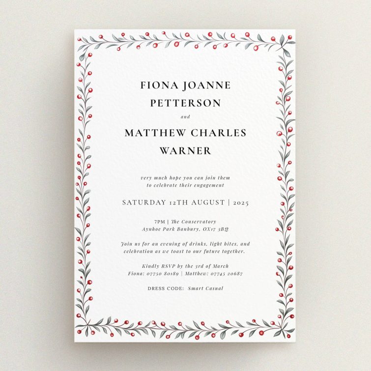 Floral border engagement party invitations design with elegant text layout and no photos.