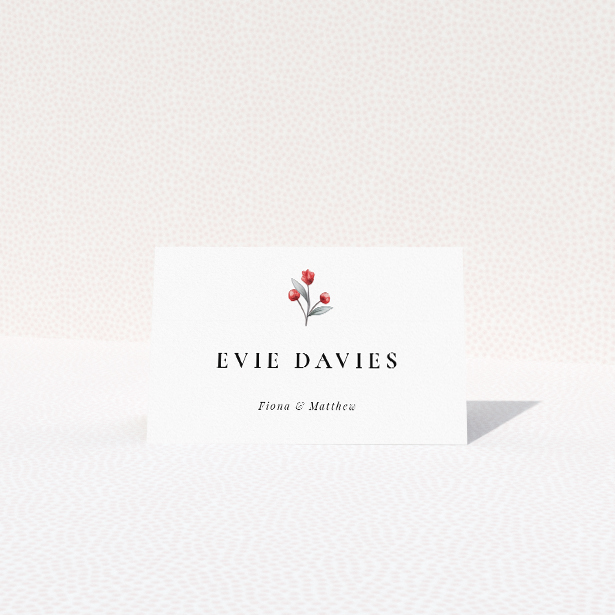 Berry Garland Row suite place card template with charming border of red berries and soft green leaves, evoking a pastoral ambiance and storybook romance This is a view of the front