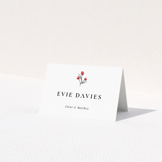 Berry Garland Row suite place card template with charming border of red berries and soft green leaves, evoking a pastoral ambiance and storybook romance This is a view of the front