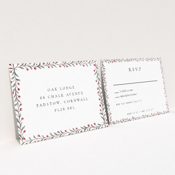 RSVP card with red berries and green leaves border, part of the Berry Garland Row wedding stationery suite. This is a view of the back