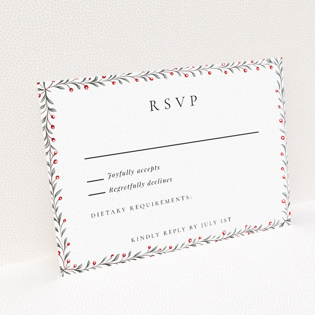 RSVP card with red berries and green leaves border, part of the Berry Garland Row wedding stationery suite. This is a view of the back