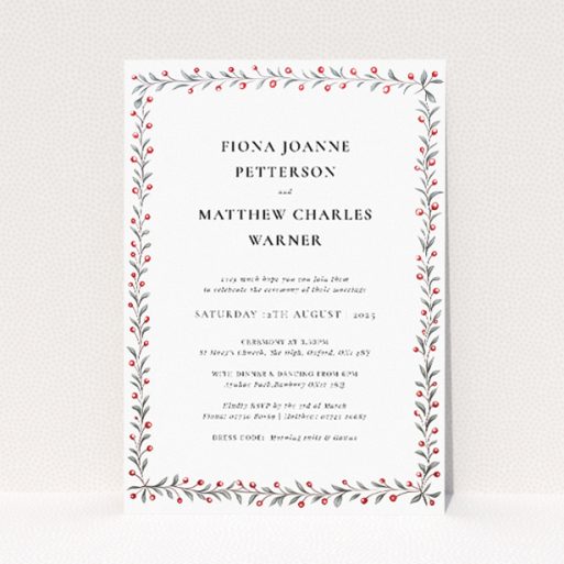 Personalised wedding invitation template - Berry Garland Row with red berries and green leaves border. This is a view of the front