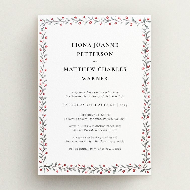 Personalised wedding invitation template - Berry Garland Row with red berries and green leaves border. This is a view of the front
