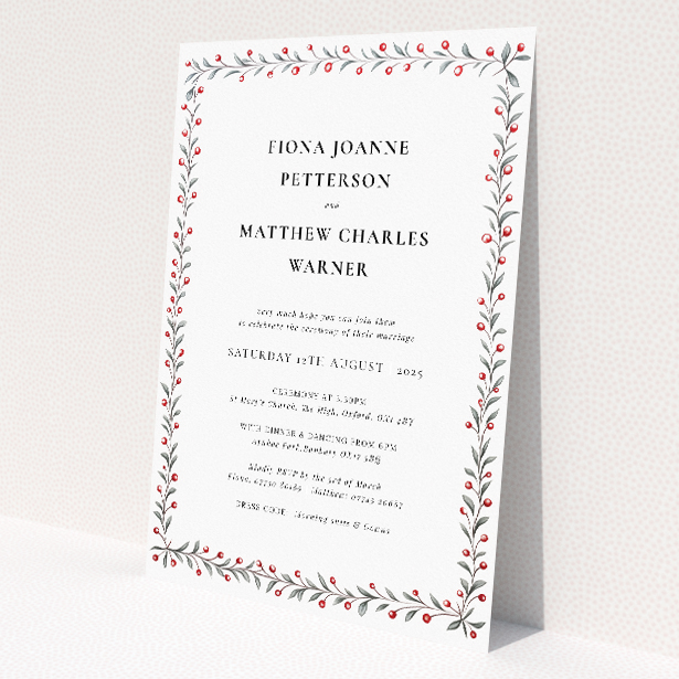 Personalised wedding invitation template - Berry Garland Row with red berries and green leaves border. This image shows the front and back sides together