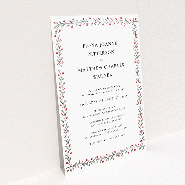 Personalised wedding invitation template - Berry Garland Row with red berries and green leaves border. This image shows the front and back sides together