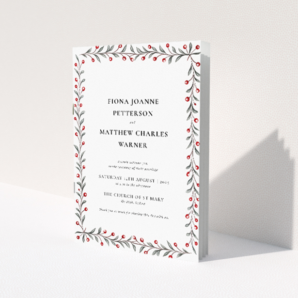 Charming Berry Garland Row Wedding Order of Service Booklet with Festive Red Berries and Nature-inspired Design. This image shows the front and back sides together