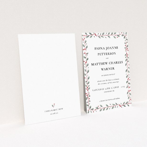 Berry Garland Row wedding save the date card A6 featuring a charming garland of green foliage and clusters of red berries, evoking a classic yet rustic charm for an intimate countryside wedding This is a view of the back