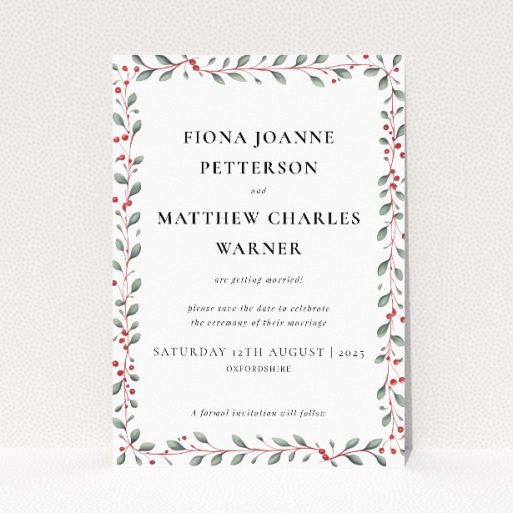 Berry Garland Row wedding save the date card A6 featuring a charming garland of green foliage and clusters of red berries, evoking a classic yet rustic charm for an intimate countryside wedding This is a view of the front