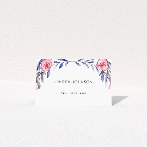 Elegant berry laurel place cards with watercolour texture in indigo and crimson, perfect for refined wedding stationery suites This is a view of the front