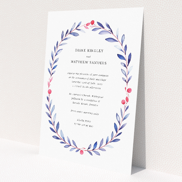 Berry Laurel wedding invitation with delicate laurel wreath illustrated with shades of indigo and crimson berries, exuding elegance and sophistication This is a view of the front