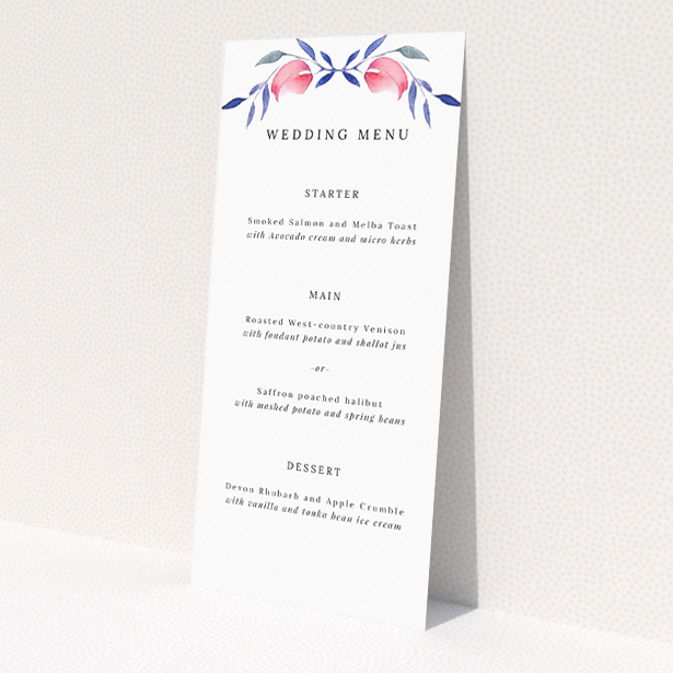 'Berry Laurel wedding menu - Utterly Printable - Delicate laurel wreaths in shades of indigo and crimson berries against a soft watercolour texture, evoking timeless charm and contemporary elegance for couples seeking refined statements.'. This is a view of the front