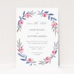 Berry Laurel wedding save the date card A6 featuring a graceful laurel wreath with green leaves and deep pink berry-like flowers, combining simplicity and elegance This is a view of the front
