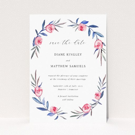 Berry Laurel wedding save the date card A6 featuring a graceful laurel wreath with green leaves and deep pink berry-like flowers, combining simplicity and elegance This is a view of the front
