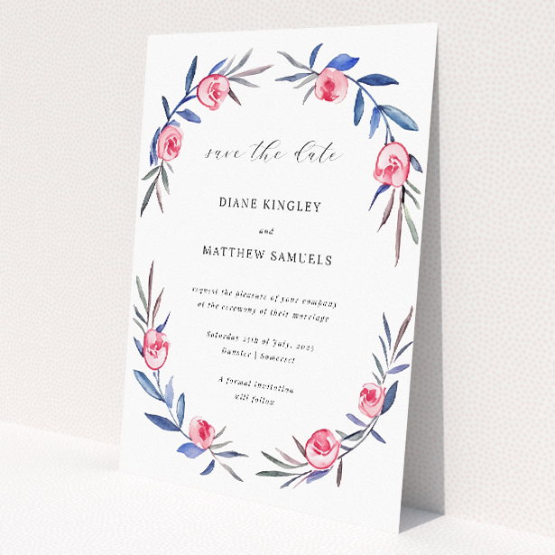Berry Laurel wedding save the date card A6 featuring a graceful laurel wreath with green leaves and deep pink berry-like flowers, combining simplicity and elegance This is a view of the back