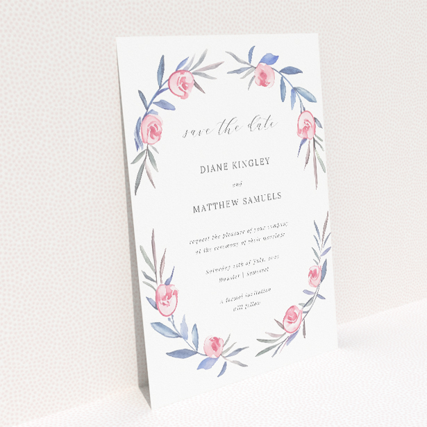 Berry Laurel wedding save the date card A6 featuring a graceful laurel wreath with green leaves and deep pink berry-like flowers, combining simplicity and elegance This is a view of the back