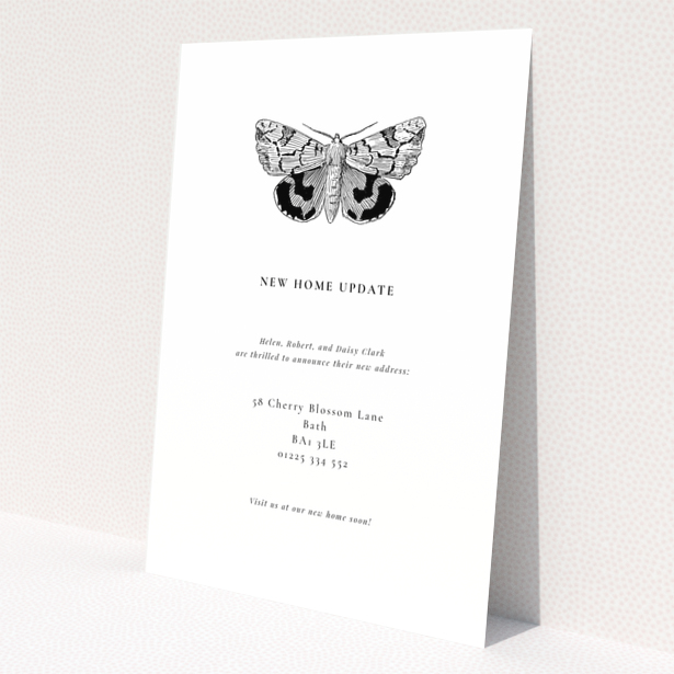 Change of address card with one black and white moth illustration and text.