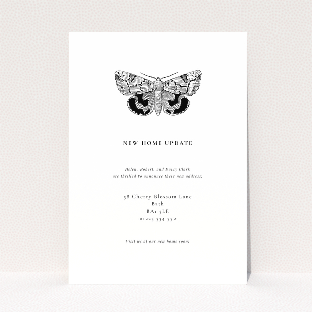 Change of address card with one black and white moth illustration and text.