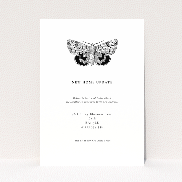 Change of address card with one black and white moth illustration and text.