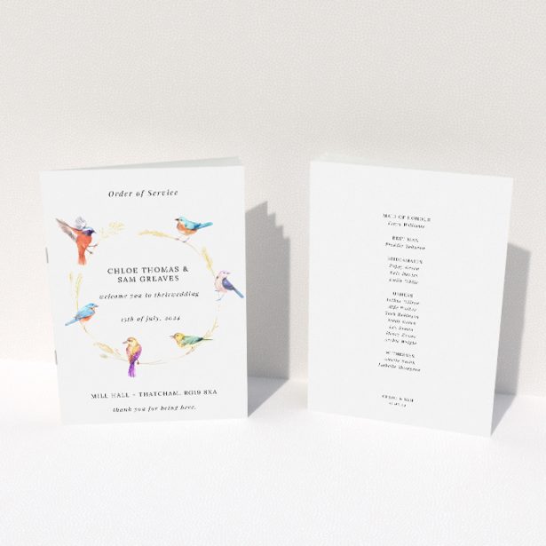 A5 Wedding Order of Service booklet featuring delicately painted birds perched upon a golden wheat wreath, evoking a sense of gentle celebration and natural elegance This image shows the front and back sides together