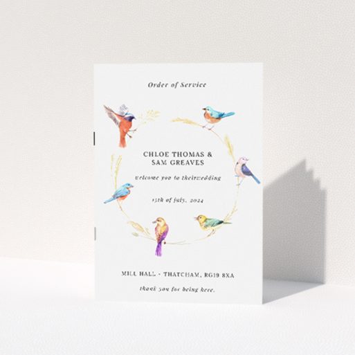 A5 Wedding Order of Service booklet featuring delicately painted birds perched upon a golden wheat wreath, evoking a sense of gentle celebration and natural elegance This is a view of the front