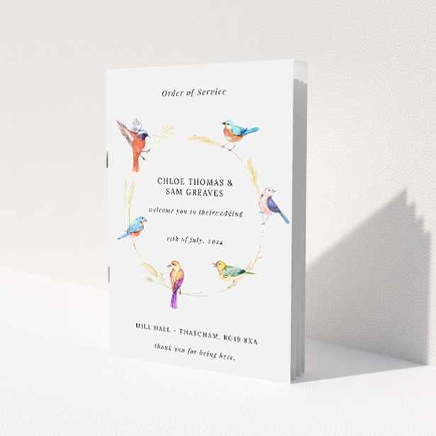 A5 Wedding Order of Service booklet featuring delicately painted birds perched upon a golden wheat wreath, evoking a sense of gentle celebration and natural elegance This is a view of the front