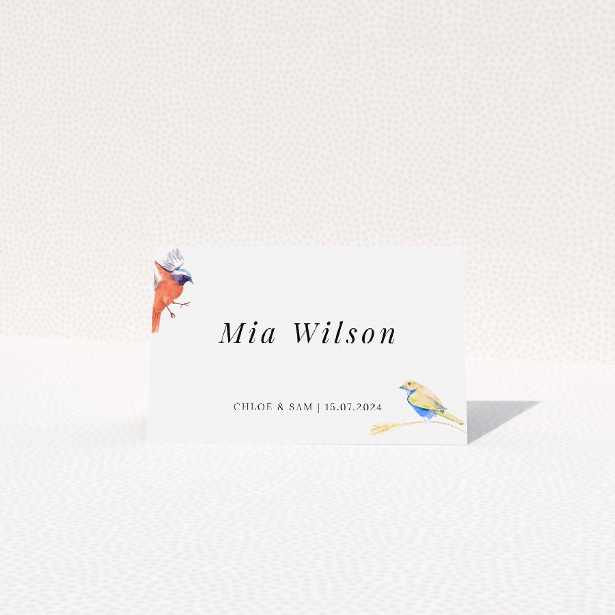 Charming birds and wreath place cards with golden wreaths encircling delicate pastel-hued birds, perfect for wedding stationery inspired by nature's beauty This is a view of the front