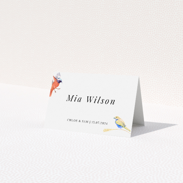 Charming birds and wreath place cards with golden wreaths encircling delicate pastel-hued birds, perfect for wedding stationery inspired by nature's beauty This is a third view of the front