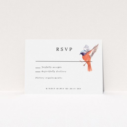 Birds and Wreath RSVP card featuring golden wreaths and delicately illustrated birds in soft pastel hues, ideal for blending natural elegance with playful charm This is a view of the front