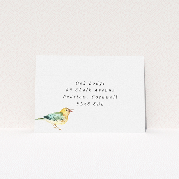 Birds and Wreath RSVP card featuring golden wreaths and delicately illustrated birds in soft pastel hues, ideal for blending natural elegance with playful charm This is a view of the back