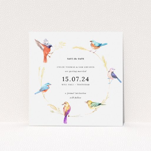 Birds and Wreath wedding save the date card featuring exquisite watercolour illustrations of birds within a delicate wreath of golden foliage, perfect for couples who share a love for the outdoors and avian beauty, hinting at a celebration where nature's artistry takes centre stage This is a view of the front