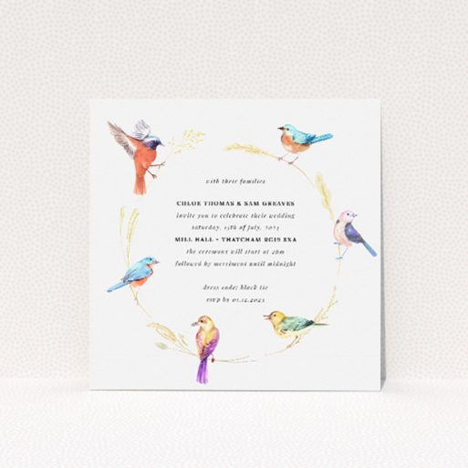 Birds and Wreath wedding invitation with golden wreaths and beautifully illustrated birds in soft pastel hues. This is a view of the front