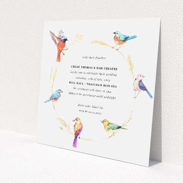 Birds and Wreath wedding invitation with golden wreaths and beautifully illustrated birds in soft pastel hues. This image shows the front and back sides together