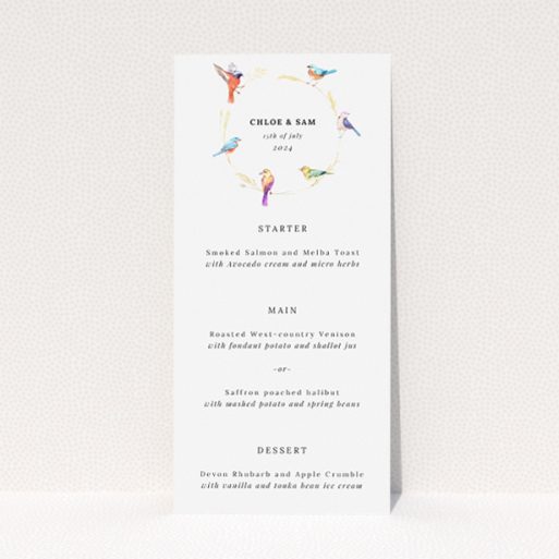 Birds and Wreath Wedding Menu Template - Golden wreaths encircling softly illustrated birds in pastel hues, evoking a gentle yet joyful atmosphere, perfect for couples seeking natural allure with whimsical charm This is a view of the front