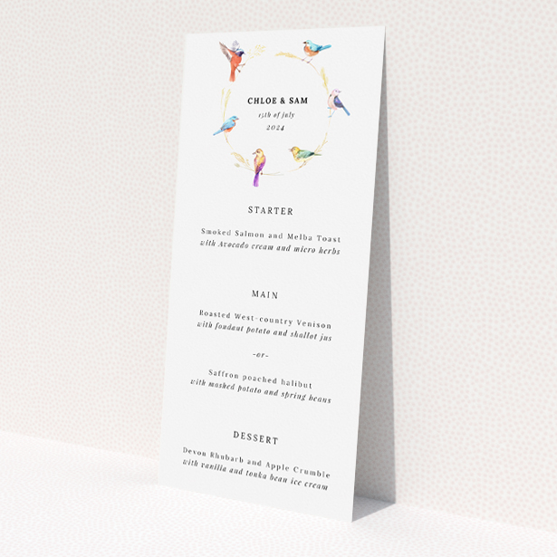 Birds and Wreath Wedding Menu Template - Golden wreaths encircling softly illustrated birds in pastel hues, evoking a gentle yet joyful atmosphere, perfect for couples seeking natural allure with whimsical charm This is a view of the front
