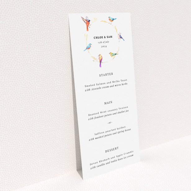 Birds and Wreath Wedding Menu Template - Golden wreaths encircling softly illustrated birds in pastel hues, evoking a gentle yet joyful atmosphere, perfect for couples seeking natural allure with whimsical charm This is a view of the back