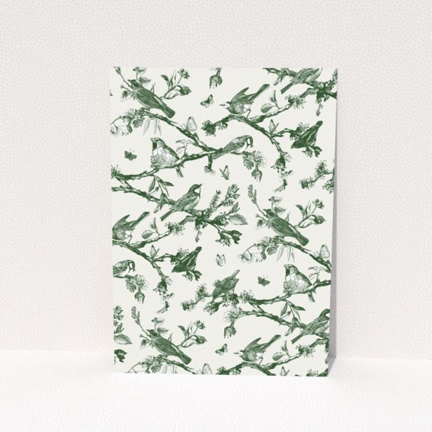 Backside design of change of address card named Portrait with green birds and foliage pattern