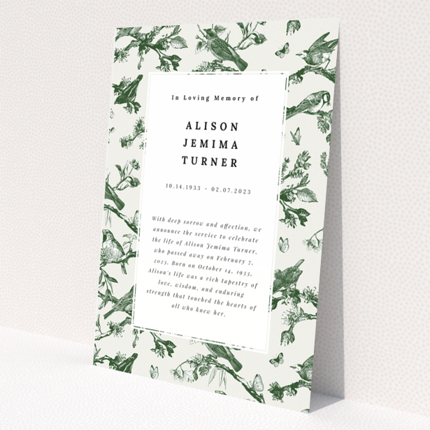 Floral funeral announcement design with bird illustrations and placeholder text, no photos.