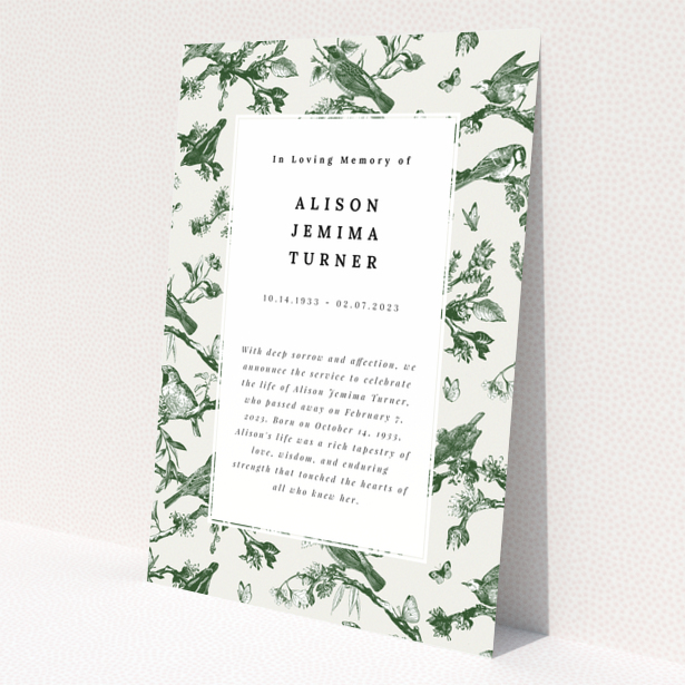 Floral funeral announcement design with bird illustrations and placeholder text, no photos.
