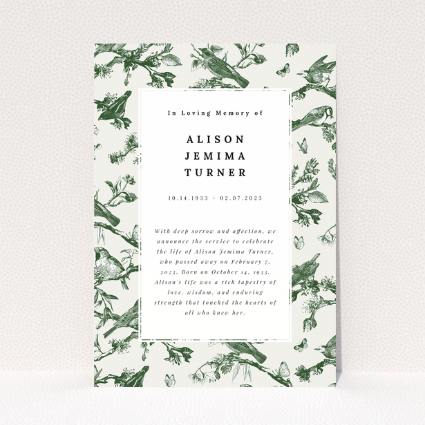 Floral funeral announcement design with bird illustrations and placeholder text, no photos.