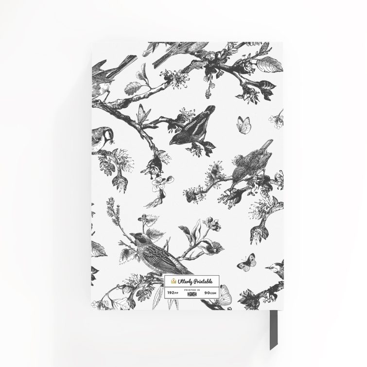 Bird pattern design for personalised notebooks with monochrome illustrations, Utterly Printable, 0 photos.