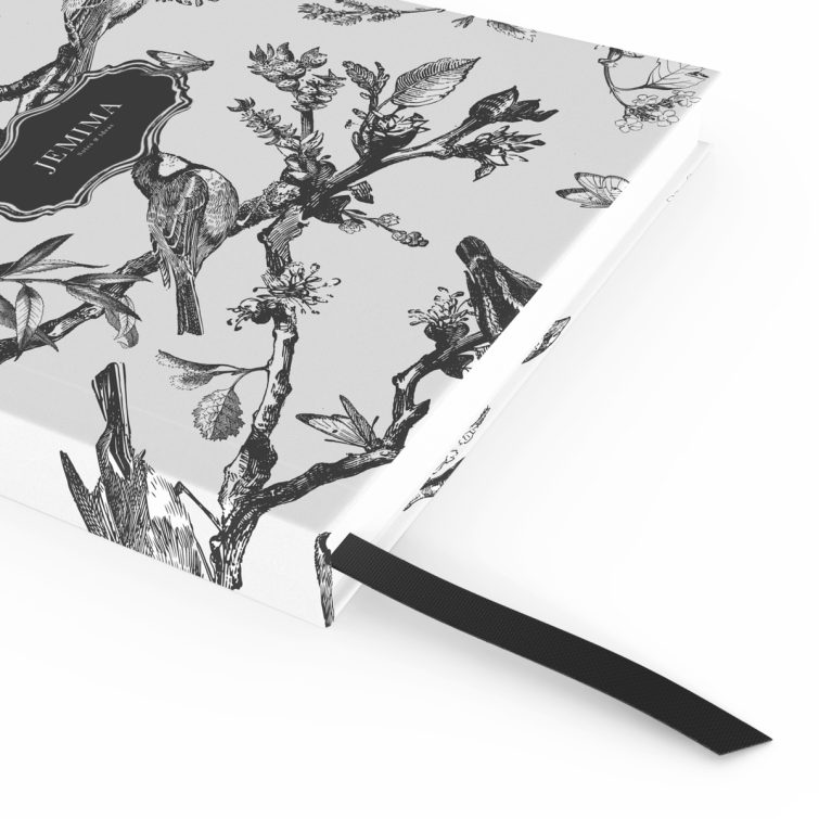 Bird pattern design for personalised notebooks with monochrome illustrations, Utterly Printable, 0 photos.